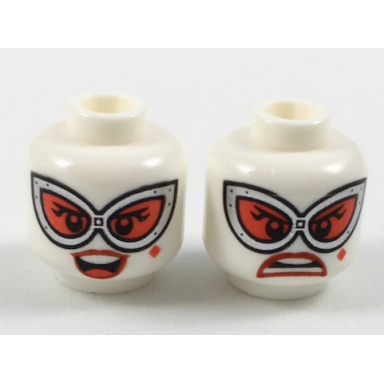 white minifigure head dual sided female large silver goggles with red lenses red lips and diamond beauty mark smile frown pattern