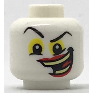 white minifigure head black eyebrows yellow around eyes and wide crooked grin with red lips and yellowish green teeth pattern the joker