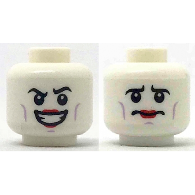 white minifigure head dual sided black eyebrows lavender cheek lines red lipstick wide grin worried pattern