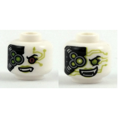 white minifigure head alien with red left eye cybernetic implants green eye and fangs on back pattern