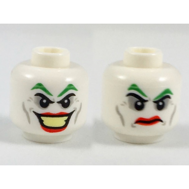 white minifigure head dual sided green eyebrows light bluish gray eye shadow cheek lines and dimples red lips large open mouth smile with bright light yellow teeth angry frown pattern