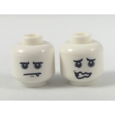 white minifigure head dual sided alien gray around eyes sad with fang scared expression pattern