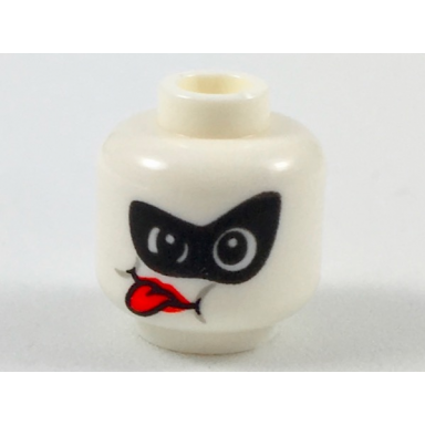 white minifigure head alien female with black domino mask red tongue sticking out pattern