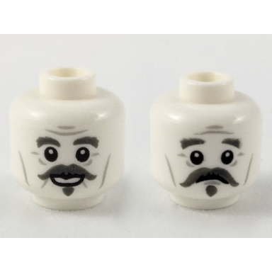 white minifigure head dual sided dark bluish gray eyebrows handlebar moustache and chin puff smiling worried expression pattern