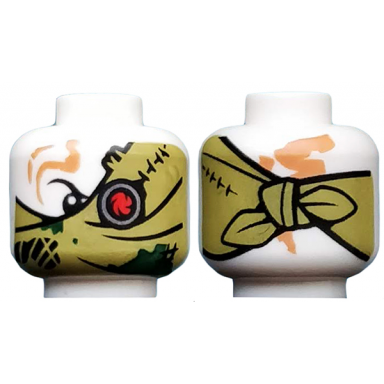 white minifigure head alien ninjago red eye fan left olive green bandana wrap knot on back pattern