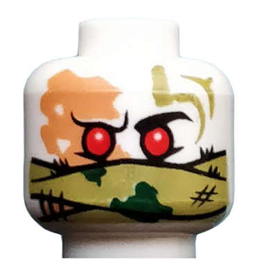 white minifigure head alien ninjago red eyes olive green bandana wrap green splotches stitching pattern