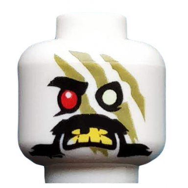white minifigure head alien ninjago red eye right olive green stripes moustache yellow teeth pattern