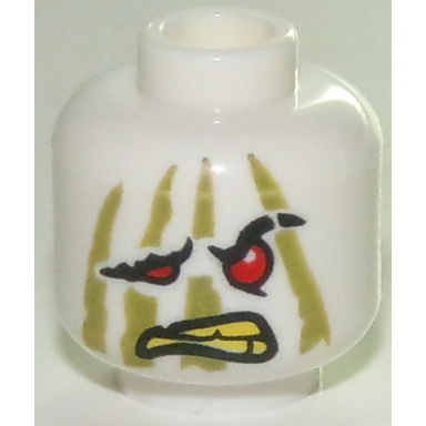 white minifigure head alien ninjago red eyes drooping eye and mouth right olive green stripes yellow teeth pattern