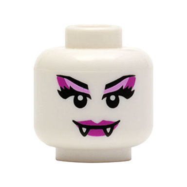 white minifigure head alien female vampire with magenta lips fangs and bright pink and magenta eye shadow pattern bam