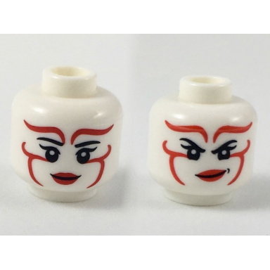 white minifigure head dual sided female black eyebrows single eyelashes red markings and lips grin angry scowl with dimple pattern