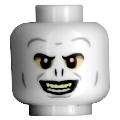 white minifigure head alien with hp voldemort black eyebrows and nostrils light bluish gray wrinkles dark tan and tan eye shadow open mouth smile with bright light yellow top teeth pattern