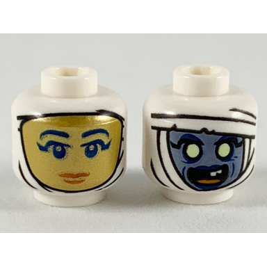 white minifigure head dual sided female gold face with dark blue eyes and red lips sand blue face with yellow eyes and open mouth pattern