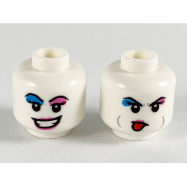 white minifigure head dual sided female dark azure and dark pink eye shadow dark pink lips smile sticking out tongue pattern