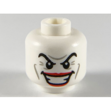 white minifigure head male black eyebrows red lips wide smile pattern the joker