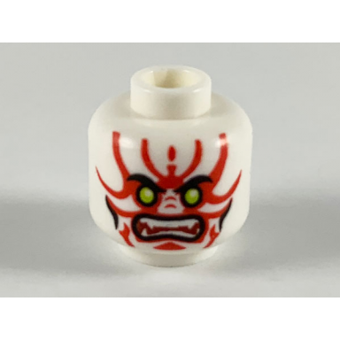 white minifigure head alien with lime eyes white fangs red simpler face decorations and black mouth and cheek lines pattern