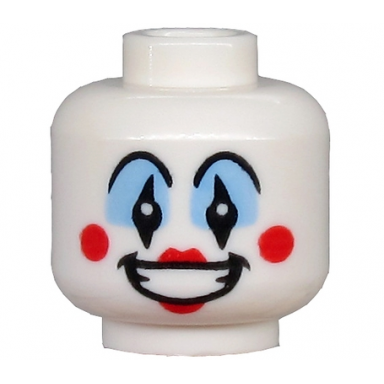 white minifigure head clown medium blue eye shadow open mouth smile red cheeks and lips pattern