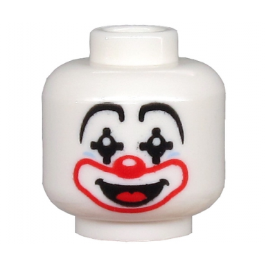 white minifigure head clown large drawn eyebrows black pointed eyes red nose and mouth smile with tongue pattern
