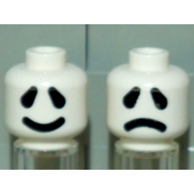 white minifigure head dual sided ghost large black eyes thick smile frown pattern