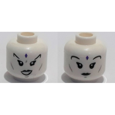 white minifigure head dual sided female dark purple bindi black eyelashes and eyebrows open mouth closed mouth pattern