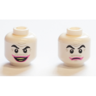 white minifigure head dual sided black eyebrows light bluish gray wrinkles and moustache dark pink lips open mouth smile with teeth closed mouth pattern the joker