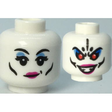 white minifigure head dual sided female black eyebrows and cheek lines magenta lips medium blue eye shadow evil open mouth grin and red eyes pattern
