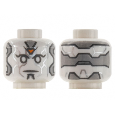white minifigure head alien robot with light bluish gray panels silver lines and orange jewel on forehead pattern