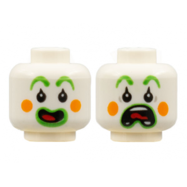 white minifigure head dual sided clown bright green eyebrows and lips orange circles on cheeks red tongue open smile scared pattern