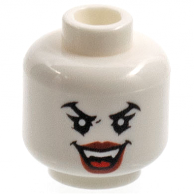 white minifigure head female black sharp eyebrows and eyelashes lower eyelids dark red lips open mouth smile with fangs and red tongue pattern