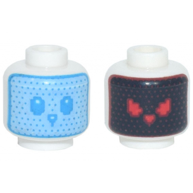 white minifigure head dual sided robot bright light blue bunny face dark azure dots eyes and nose black face red dots and eyes pattern