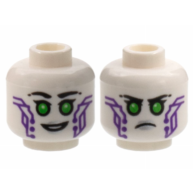 white minifigure head dual sided alien female black eyebrows bright green eyes silver lips dark purple circuitry smile frown pattern