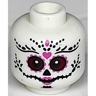 white minifigure head la catrina black eyebrows triangular nose and stitched mouth dark red eyes dark pink lips and heart pattern bam