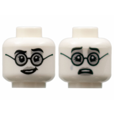 white minifigure head dual sided female black eyebrows and glasses light bluish gray lips lopsided grin sad with tear pattern