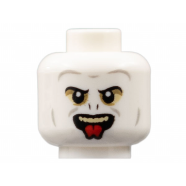white minifigure head alien with black eyebrows and nose slits light bluish gray contours tan teeth red tongue pattern hp voldemort