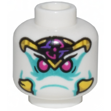 white minifigure head alien magenta eyes gold yellow magenta and dark purple headband tusks and dark turquoise lines pattern
