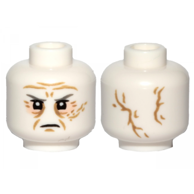 white minifigure head dark bluish gray eyebrows light nougat eye shadow dark tan wrinkles scar frown 2 large scars on back pattern