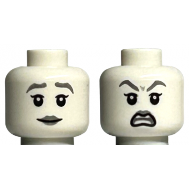 white minifigure head dual sided female silver eyebrows and lips smile angry with open mouth and raised eyebrows pattern
