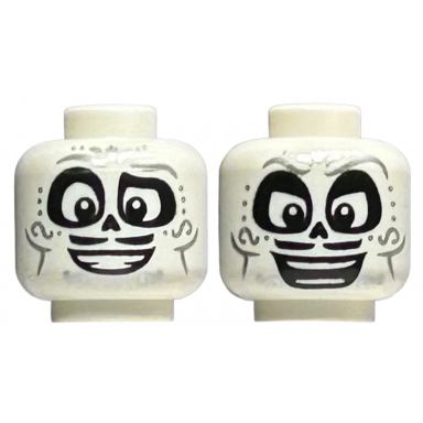 white minifigure head dual sided alien mask silver eyebrows dots and lines black nose and moustache open mouth smile large smile and eyes pattern