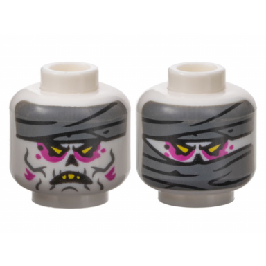 white minifigure head dual sided alien dark bluish gray mummy wrappings yellow triangular eyes magenta eye shadow open mouth scowl with top teeth wrapped lower face pattern
