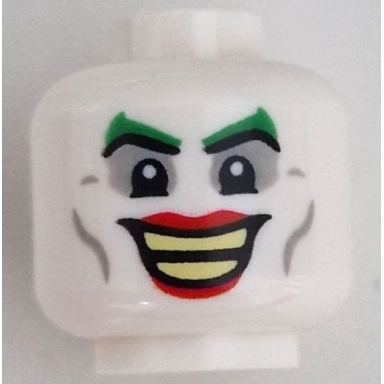 white minifigure head green eyebrows red lips light bluish gray eye shadow and cheek lines open mouth smile with bright light yellow teeth parted pattern the joker