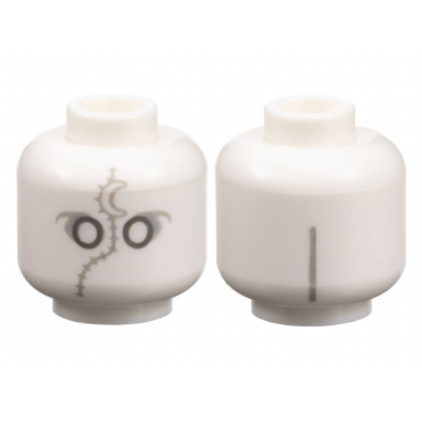 white minifigure head alien dark bluish gray eye holes light bluish gray eye shadow crescent moon stitching and line on back pattern