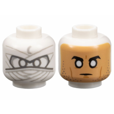 white minifigure head dual sided mask with layered wrappings and light bluish gray crescent moon balaclava with nougat face white eyes and stubble pattern