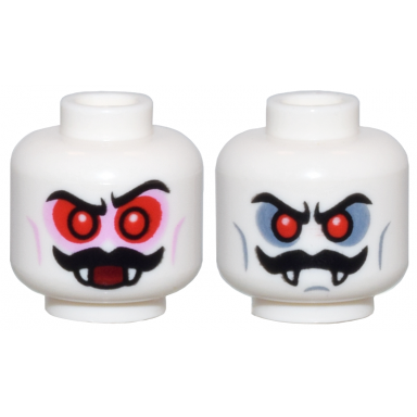 white minifigure head dual sided red eyes black moustache fangs and red eye circles dark bluish gray eye circles pattern