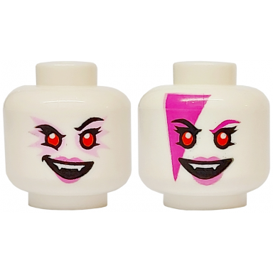 white minifigure head dual sided alien female black eyebrows bright pink eye shadow dark pink lips open mouth smile with fangs magenta face paint triangle and eyebrow pattern