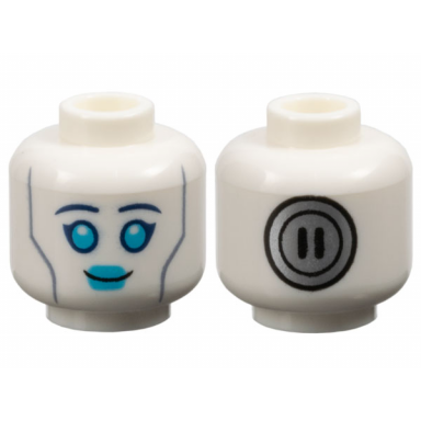 white minifigure head alien female dark blue eyebrows medium azure eyes and lips sand blue cheek lines silver circle power socket on back pattern