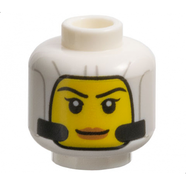 white minifigure head female balaclava with light bluish gray lines and black tubes yellow face with eyebrows single eyelashes and nougat lips grin pattern