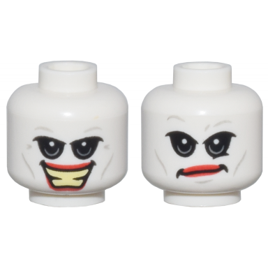 white minifigure head dual sided black and light bluish gray eyes with upper eyelids red lips open mouth smile with bright light yellow teeth smirk pattern