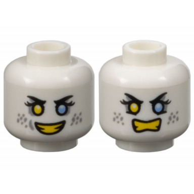 white minifigure head dual sided female black eyebrows eyelashes yellow right eye bright light blue left eye light bluish gray eye shadow and spots open mouth smile with teeth angry bared teeth pattern
