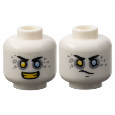white minifigure head dual sided black eyebrows yellow right eye bright light blue left eye light bluish gray eye shadow and spots open mouth smile with teeth determined pattern