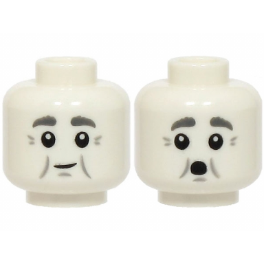 white minifigure head dual sided dark bluish gray eyebrows light bluish gray crows feet cheek lines chin dimple grin surprised open mouth pattern
