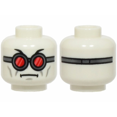 white minifigure head black eyebrows dark silver goggles with red and coral lenses cheek lines chin dimple frown strap on back pattern